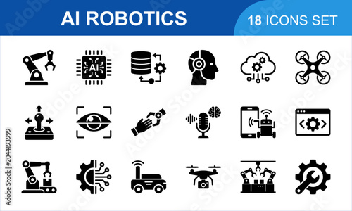 AI Robotics Icon Set. Modern automation machinery technology computing digital intelligence hardware graphics. vector black icons collection