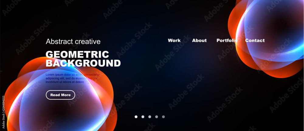 Obraz premium Dark background features vibrant geometric shapes, text, navigation menu. Modern design promotes creativity, portfolio access.
