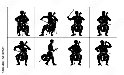 Canvas Print Cello Player Silhouettes, Musical Instrument Poses, Classical Music Performance