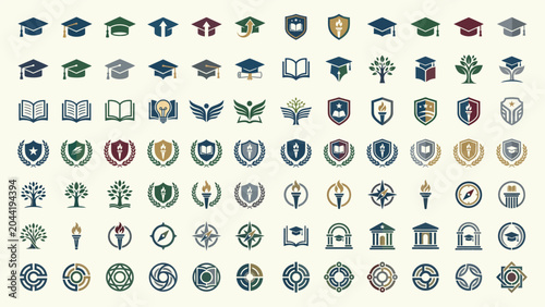 Graduation Caps Books And Laurel Wreath Icons In Flat Vector Style
