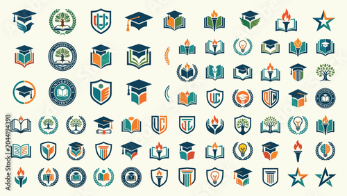 University Crests And Academic Symbols Vector Illustrations In Teal And Orange