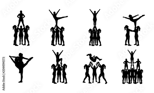 Cheerleading Pyramids Vector Icons, Teamwork Stunts Silhouettes, Athletic Performance Graphics, Group Acrobatics Poses
