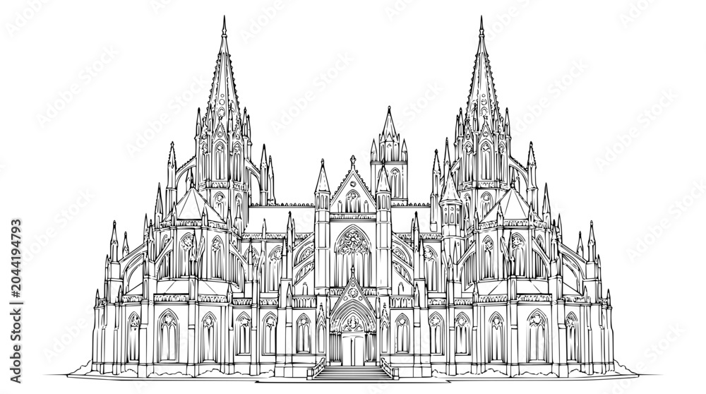 Obraz premium Grand Gothic Cathedral Architecture Line Art Illustration for Coloring