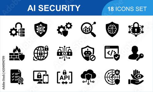AI Security Icon Set. digital technology protective software elements graphical design solutions business web data safety protective measures tools. vector black icons collection