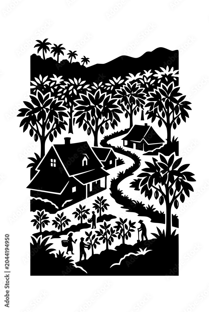 Obraz premium Tropical plantation scene with workers harvesting cocoa pods in woodcut art
