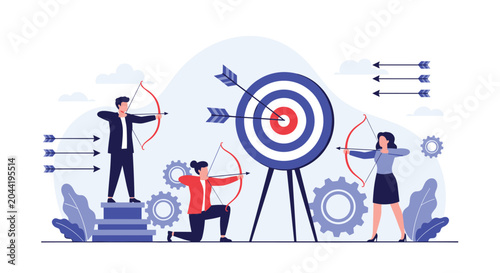 Team of business professionals shooting arrows at a bullseye target to achieve corporate goals and shared success.