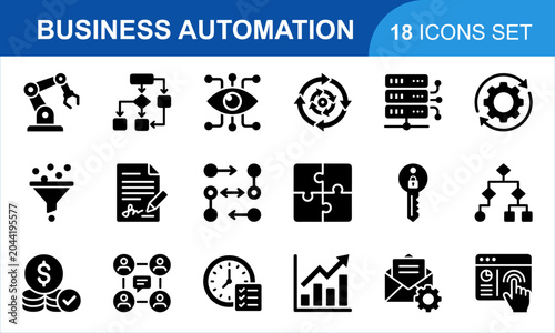 Business Automation Icon Set. professional corporate workflow technology management graphic elements digital signs for industrial planning development strategy. vector black icons collection
