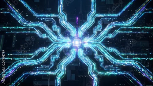 Complex digital circuit board glowing with blue energy abstract technology network connection data flow