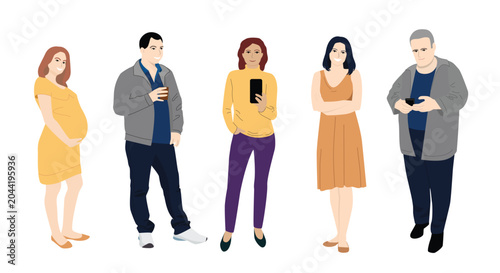 Set of diverse casual people characters standing in a row isolated on white background.