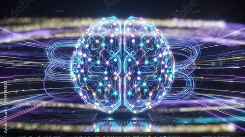 Futuristic digital brain concept with glowing neural network and energy rings