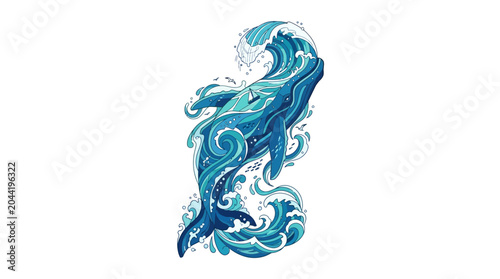 Konstfotografi A majestic whale emerging from swirling ocean waves in a dynamic artistic illustration