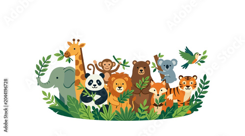 Canvas Print A vibrant collection of cute cartoon wild animals gathered together in a lush jungle setting