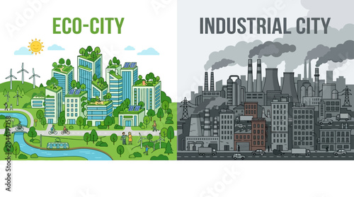 Obraz na płótnie Comparison illustration of an eco-friendly green city versus a polluted industrial city