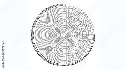 A creative conceptual illustration showing a tree ring cross section merging into a city street map layout.