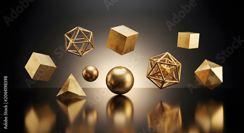 3d render of various golden geometric shapes floating against a dark background with reflective surface
