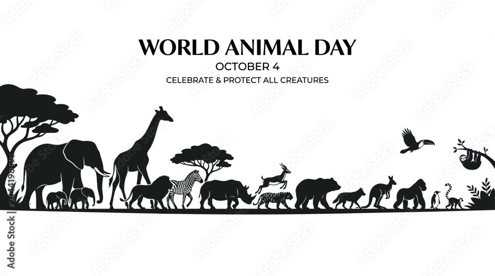 Obraz premium Silhouettes of diverse wild animals arranged in a horizontal line for World Animal Day.