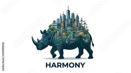 Foto A majestic rhinoceros carrying a miniature modern city skyline on its back
