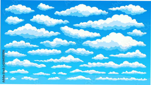 Photos A collection of white cumulus clouds depicted in a vector illustration against a