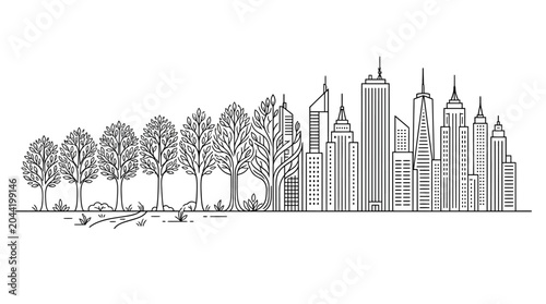 Tableau sur toile Line art illustration showing the transition from nature to urban city skyline