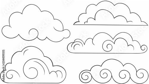 Obraz na plátně Variety of cloud shapes rendered as a black and white line illustration on a tra