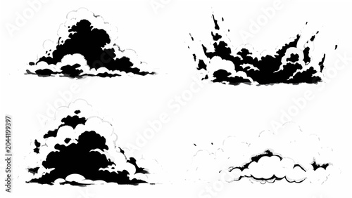 Tableau sur toile Four black cloud silhouettes against a white background showcasing varied cumulu