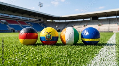 Four Soccer Balls with Flags of Germany, Ecuador, Ivory Coast, and Curacao on Stadium Grass