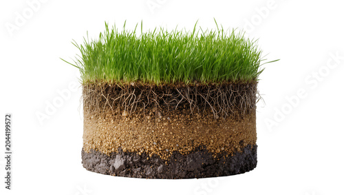 Tableau sur toile Cross section of green grass with visible soil layers and roots