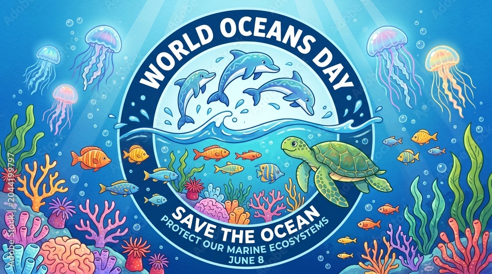 Obraz premium This is a beautiful, educational poster design for World Oceans Day, featuring a circular frame that highlights key marine species like sea turtles and dolphins against a lush coral reef background