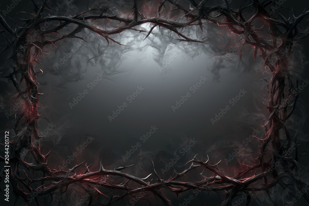 Naklejka premium Dark Thorn Border with Smoke and Empty Copy Space on Charcoal Background
