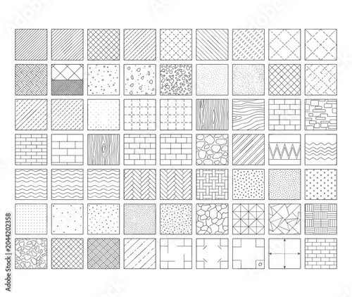 Architectural hatch patterns set, 70 vector swatches for technical drawing, CAD texture library with wood grain and brick masonry fills