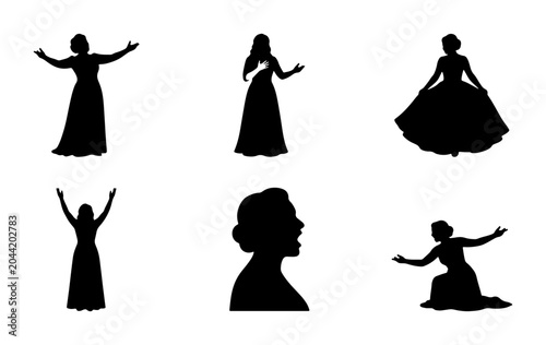 Bilde på lerret Elegant Female Silhouettes, Opera Singer Poses, Dramatic Performance Vector Set,