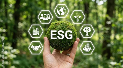 Esg concept hand holding moss globe with sustainability icons