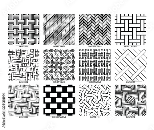 Abstract woven texture collection, 12 seamless monochrome vector patterns, black and white geometric wicker weave backgrounds for textile design