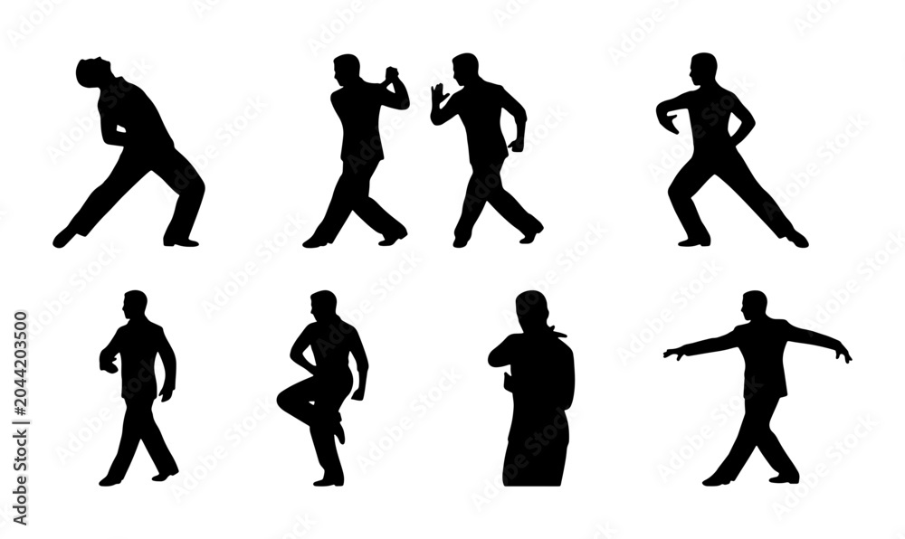 Fototapeta premium Silhouette Dance Poses Collection, Male Figures in Motion, Dynamic Choreography Elements, Vector Art for Performance and Fitness Concepts