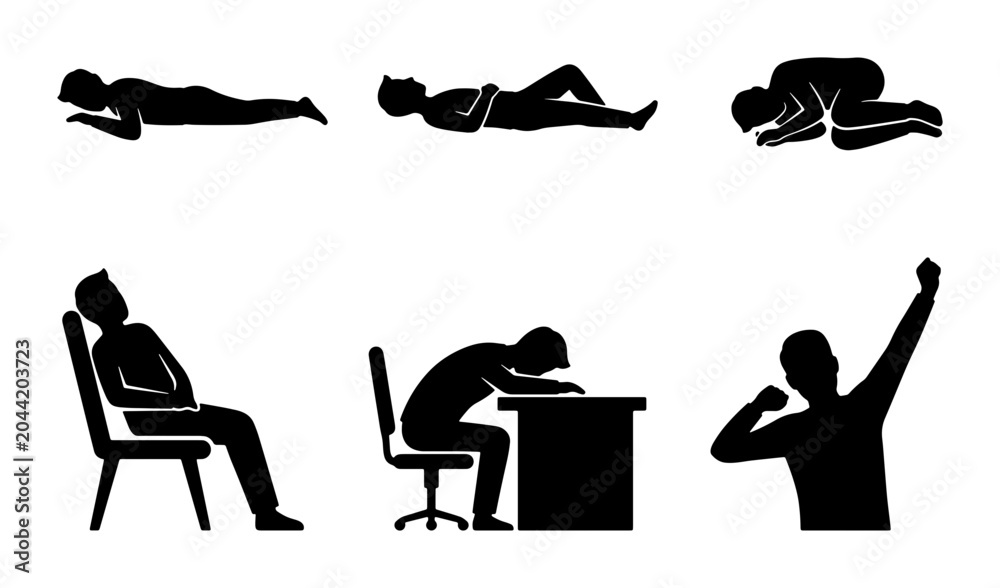 Αυτοκόλλητο Exhausted Person Poses, Tiredness Icon Set, Fatigue Silhouette Collection, Burno