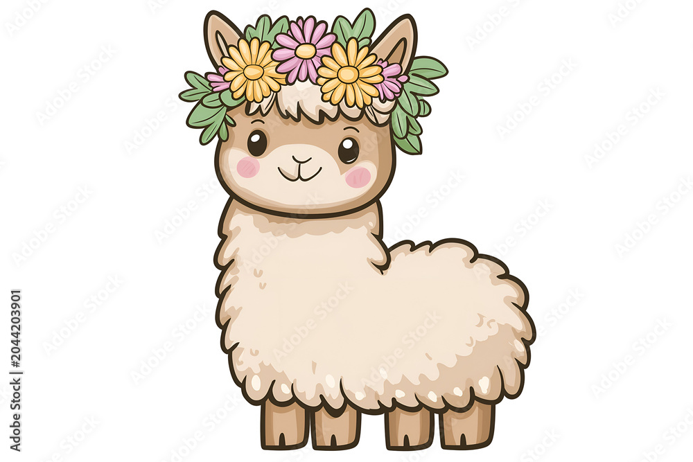 Fototapeta premium Cute Cartoon Alpaca Wearing a Beautiful Flower Crown