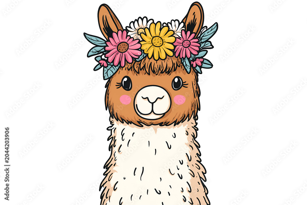 Naklejka premium Cute Cartoon Alpaca Wearing a Beautiful Flower Crown