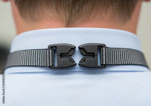 Close-up of a black plastic safety breakaway buckle on a lanyard strap around a man's neck wearing a blue shirt