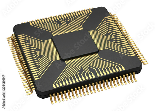 Konstfotografi Matte black processor chip with gold contact pins and detailed circuit traces is