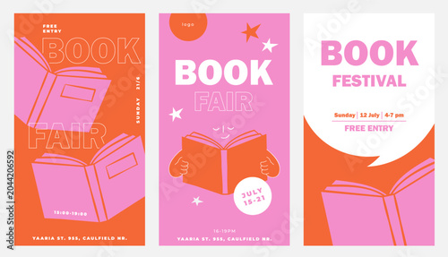 Hand drawn book club, fair and market banner and poster design. colorful vertical poster and banner templates.