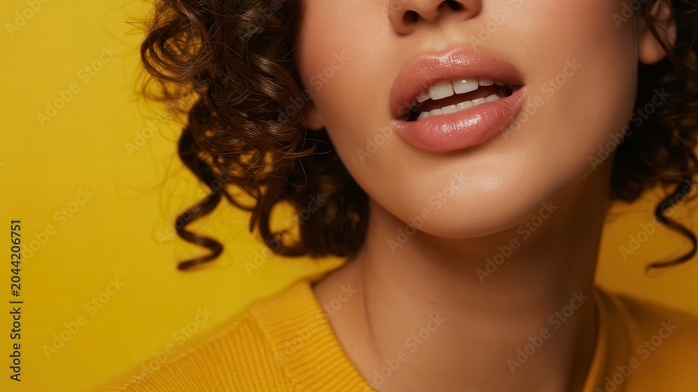 Fototapeta premium Close up of woman with glossy lips and curly hair on yellow background