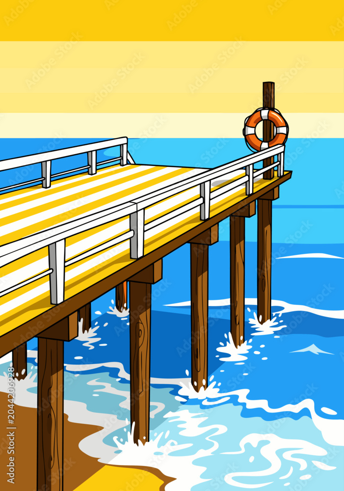 Obraz premium A vibrant vector illustration of a wooden pier extending into the ocean with waves crashing on a sandy beach under a yellow sky