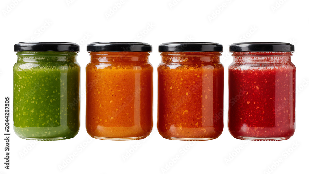 Αυτοκόλλητο Four glass jars with black lids filled with green orange, and red sauces