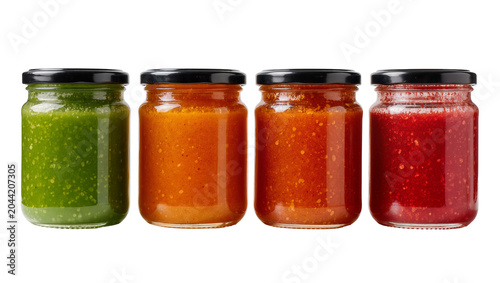 Cuadro en lienzo Four glass jars with black lids filled with green orange, and red sauces