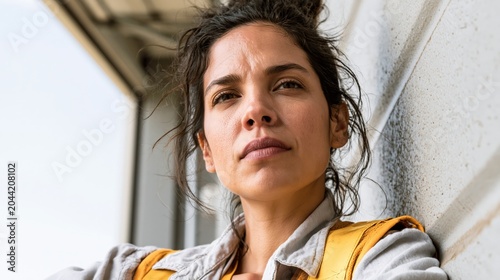 Heat Stress Worker Young Latina Warehouse Dock Heatweary Look