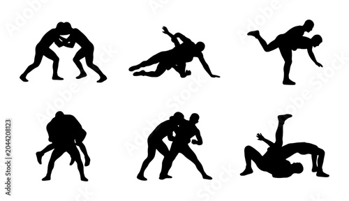 Foto Wrestling Silhouettes, Grappling Combat Sports Action Poses, Athletic Competitio