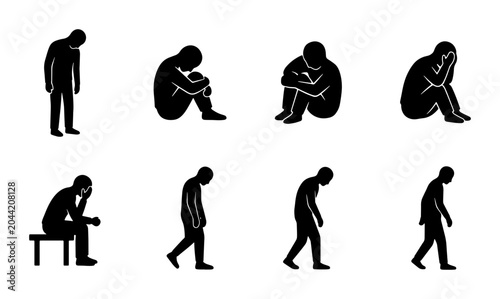 Bild auf Leinwand Sadness and Despair Icon Set, Melancholy Human Figures, Emotional Distress Silho