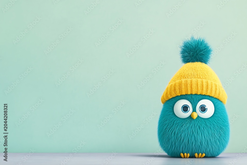 Fototapeta premium Blue owl plush toy with yellow hat