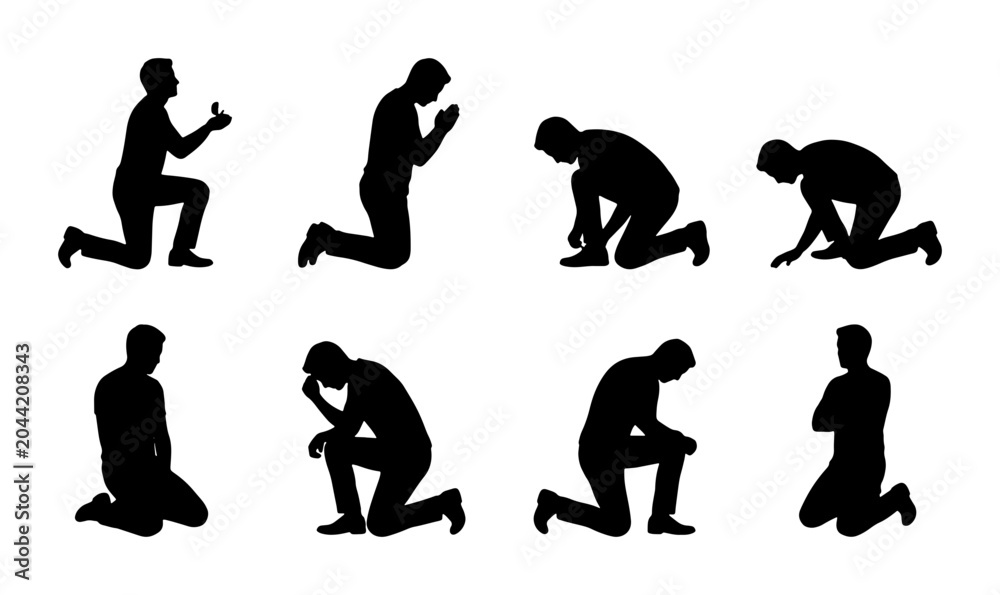 Αυτοκόλλητο Silhouette Collection: Diverse Praying and Kneeling Poses, Vector Icons for Spir