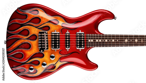 Red electric guitar with flame graphics